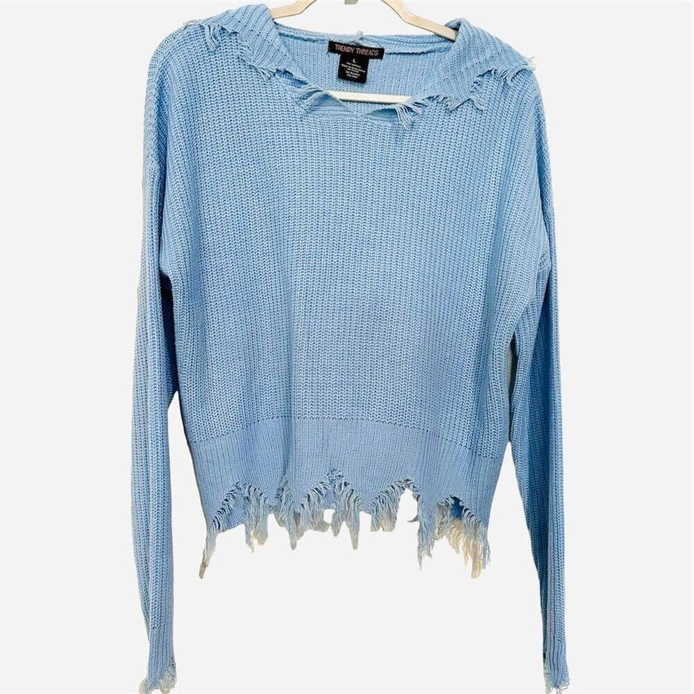 Trendy‎ Threads Women's Fringe Pullover Sweater Light Blue Size L Hooded